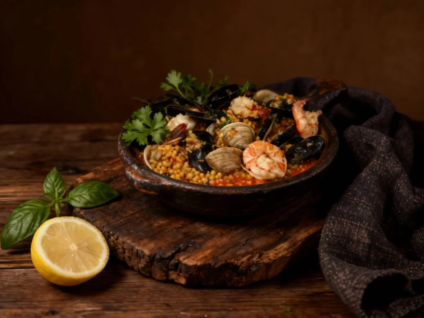 Dark & Rustic Still-Life food photography style by MenuPhotoAI - Moody styling with natural props and dramatic low-key lighting