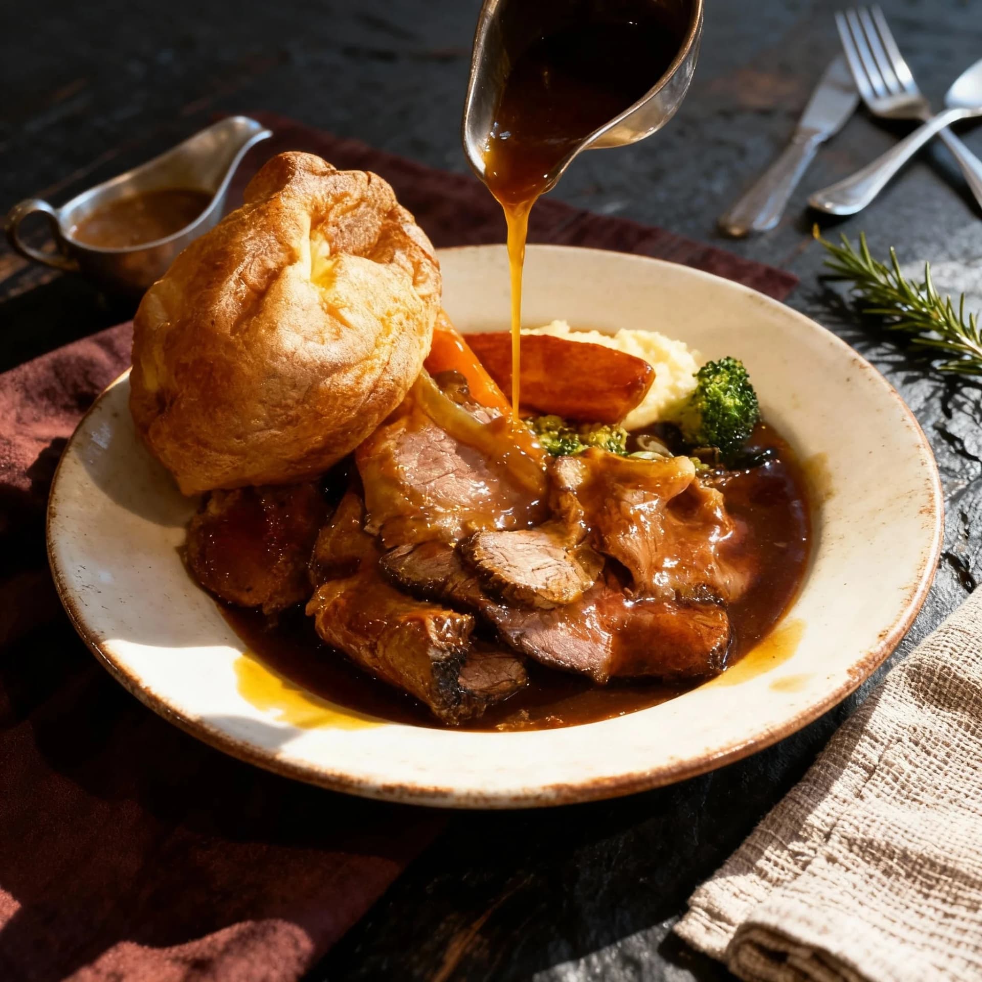 The same roast dinner, professionally enhanced by MenuPhotoAI: warm lighting, menu-ready